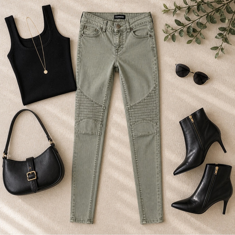 Express Women's Olive Green Moto Skinny Jeans/ Mid Rise/ Jegging